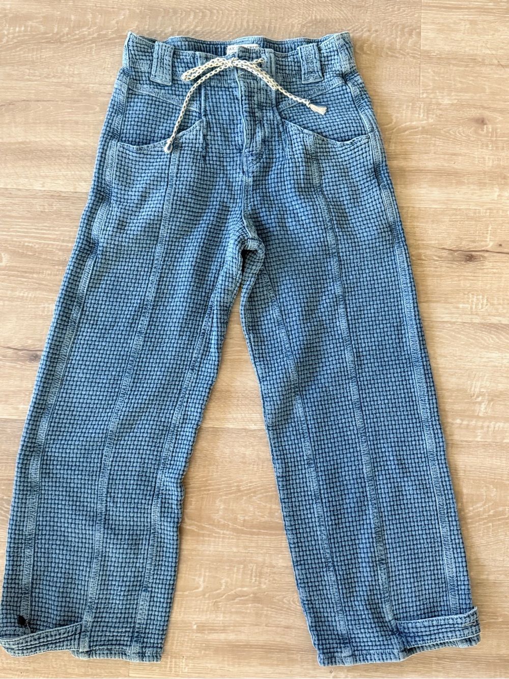We The Free Blue Relaxed Drawstring Jeans with Grid Texture